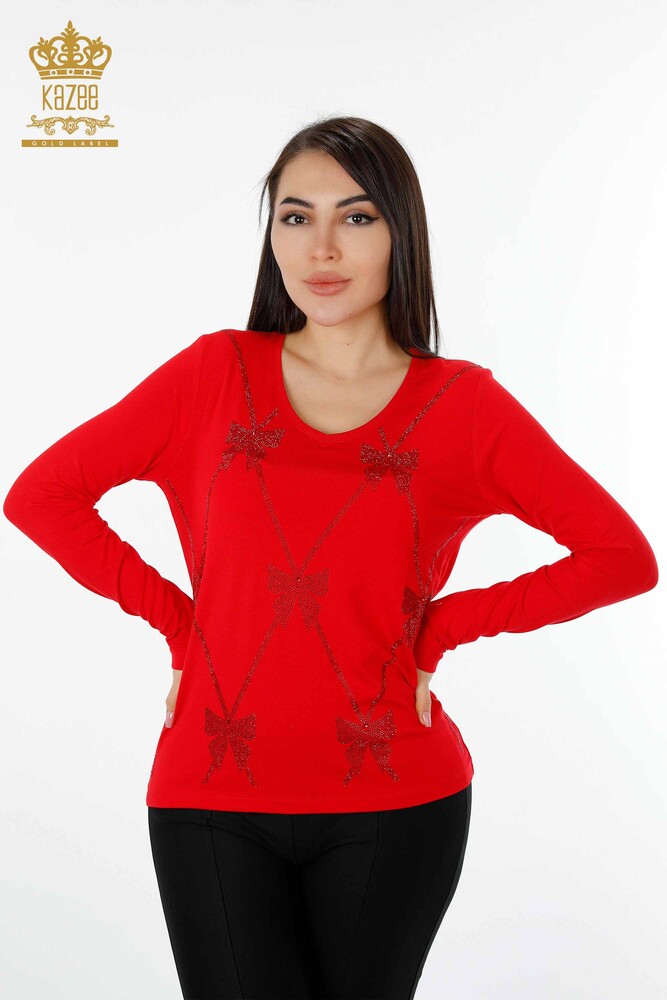 Wholesale Women's Blouse Patterned Red - 79003 | KAZEE - 1