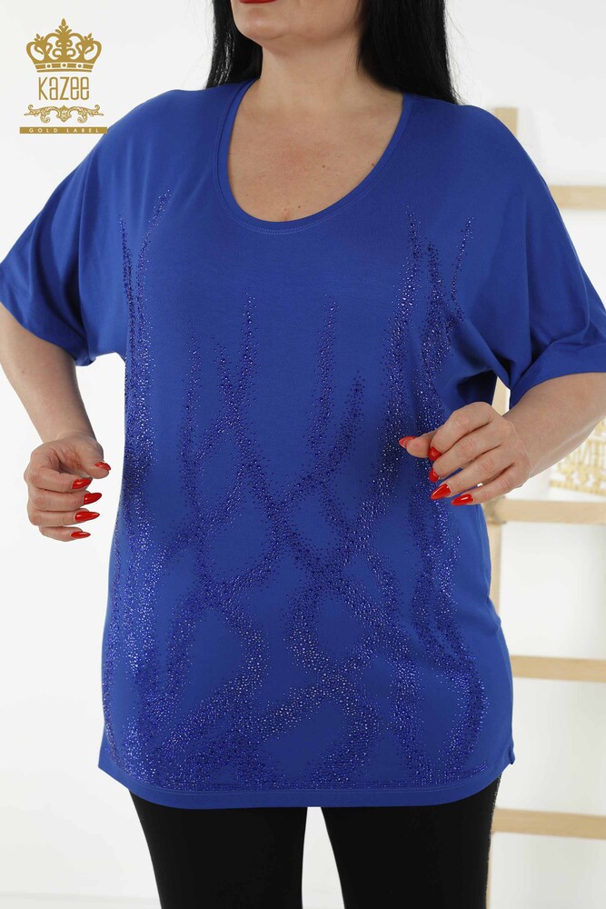 Wholesale Women's Blouse - Patterned - Short Sleeve - Dark Blue - 79070 | KAZEE - 2