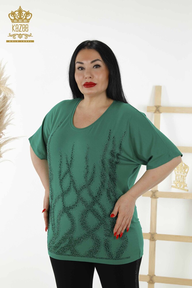 Wholesale Women's Blouse - Patterned - Short Sleeve - Green - 79070 | KAZEE - 1