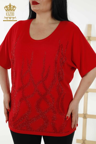 Wholesale Women's Blouse Patterned Short Sleeve - Red - 79070 | KAZEE - 2