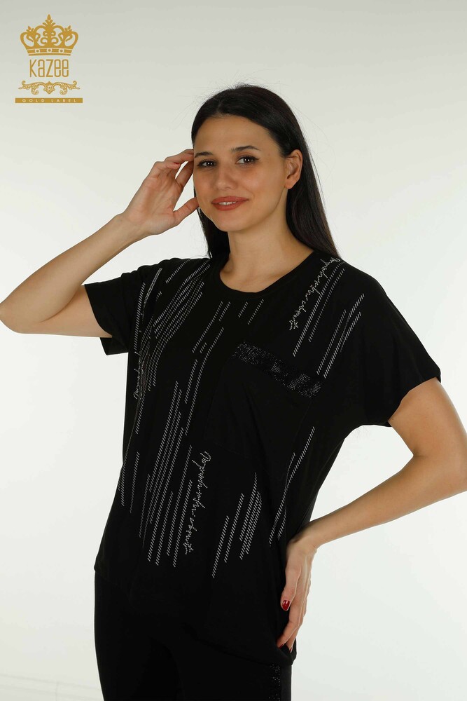 Wholesale Women's Blouse with Pocket Detail Black - 79140 | KAZEE - 1