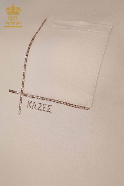 Wholesale Women's Blouse - Pocket Short Sleeve Beige - 79234 | KAZEE - 3