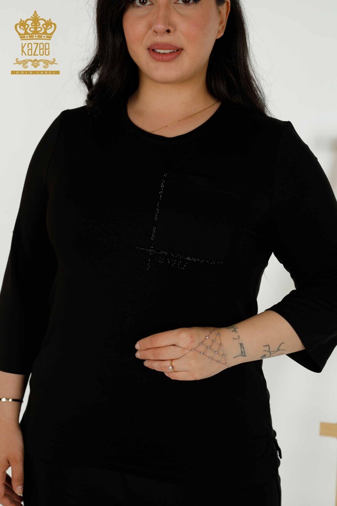 Wholesale Women's Blouse Pocket Short Sleeve - Black - 79234 | KAZEE - 2