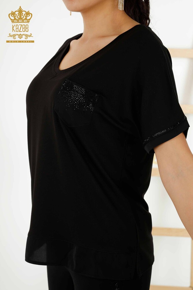 Wholesale Women's Blouse - Pocket Stone Embroidered - Black - 79195 | KAZEE - 3