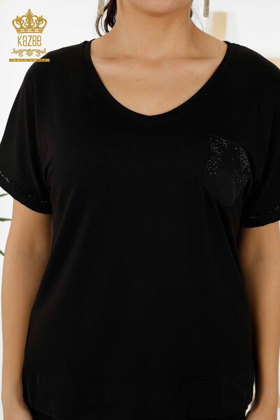 Wholesale Women's Blouse - Pocket Stone Embroidered - Black - 79195 | KAZEE - 7