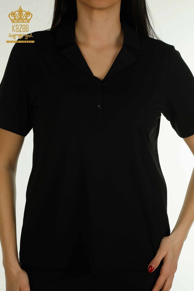 Wholesale Women's Blouse Polo Neck Black - 79503 | KAZEE - 2