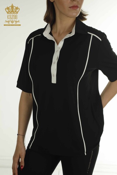 Wholesale Women's Blouse Polo Neck Black - 79566 | KAZEE - Thumbnail
