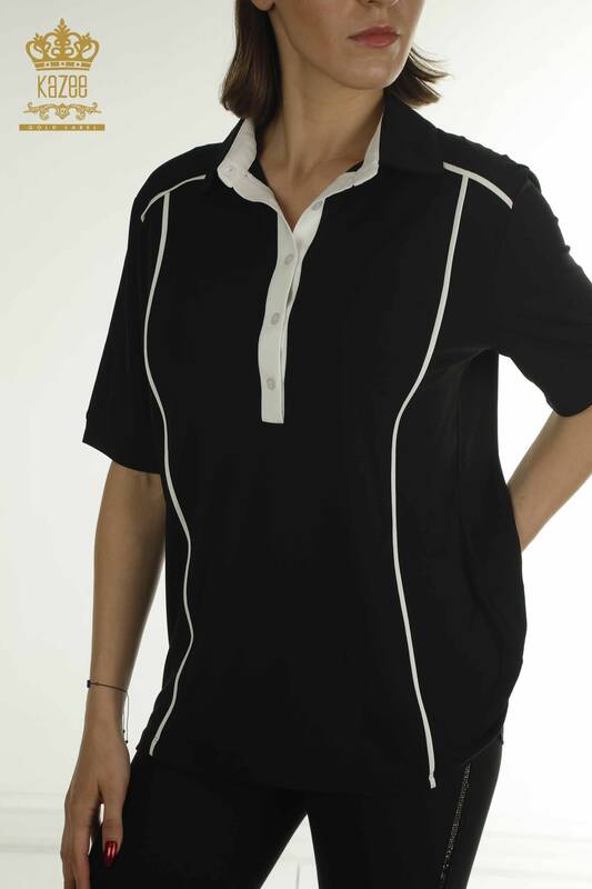 Wholesale Women's Blouse Polo Neck Black - 79566 | KAZEE