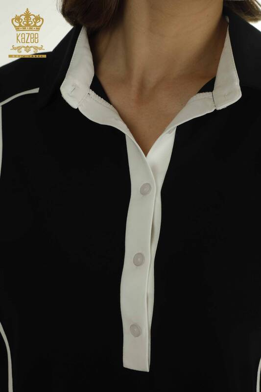 Wholesale Women's Blouse Polo Neck Black - 79566 | KAZEE