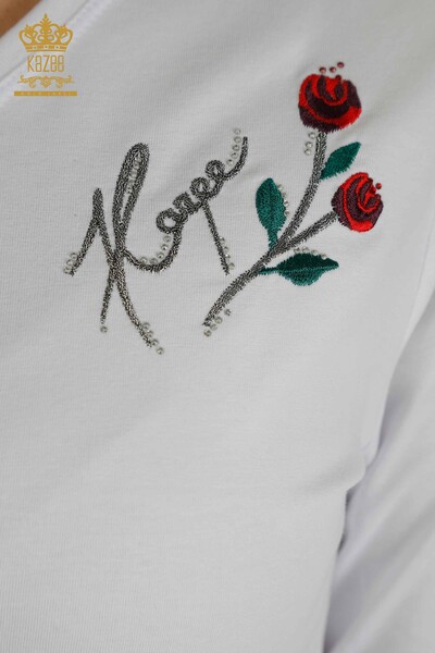 Wholesale Women's Blouse Rose Embroidered White - 79867 | KAZEE - Thumbnail (2)