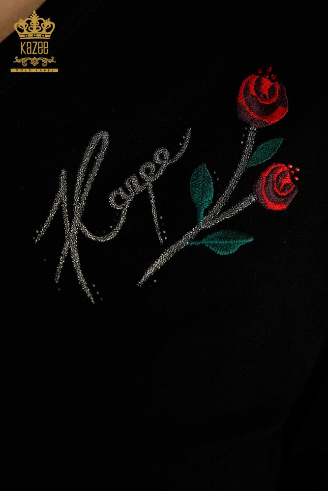 Wholesale Women's Blouse Rose Embroidered Black - 79867 | KAZEE - 3