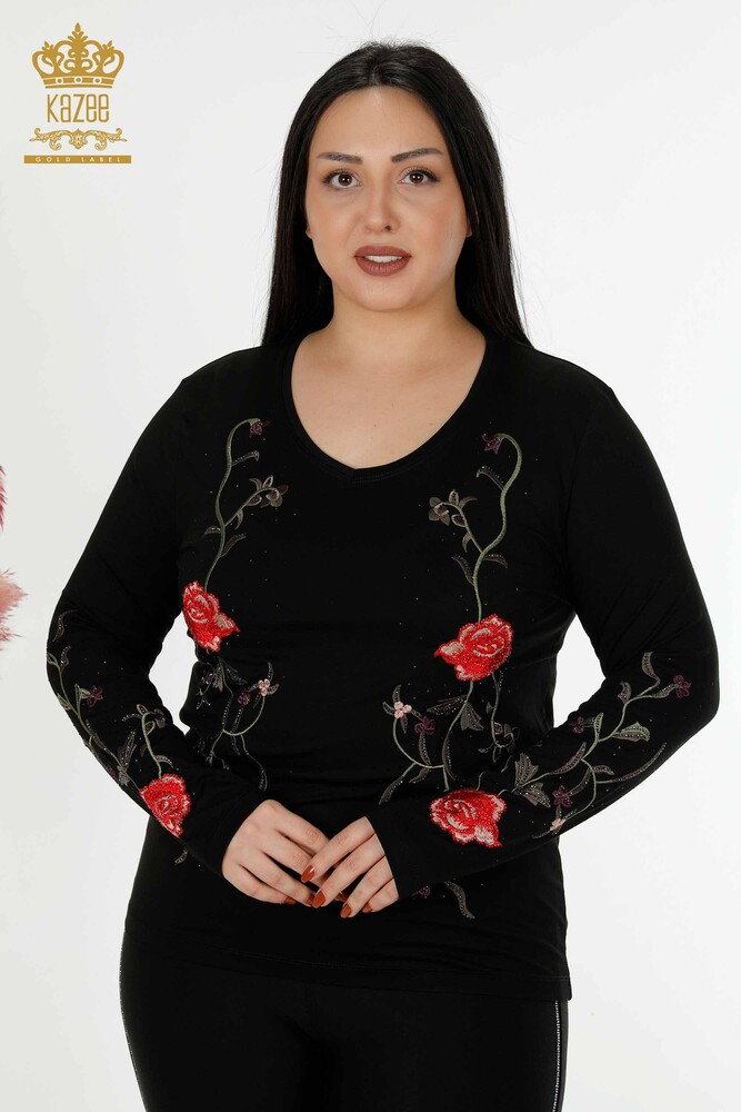 Wholesale Women's Blouse Rose Pattern Black - 79044 | KAZEE - 1