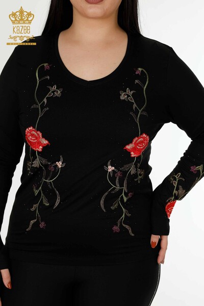 Wholesale Women's Blouse Rose Pattern Black - 79044 | KAZEE - 2