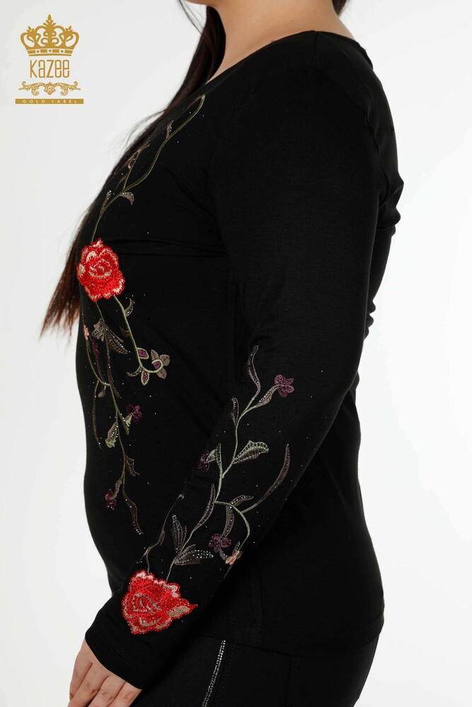 Wholesale Women's Blouse Rose Pattern Black - 79044 | KAZEE - 5