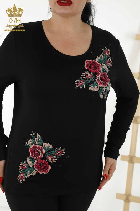 Wholesale Women's Blouse - Rose Pattern - Black - 79046 | KAZEE