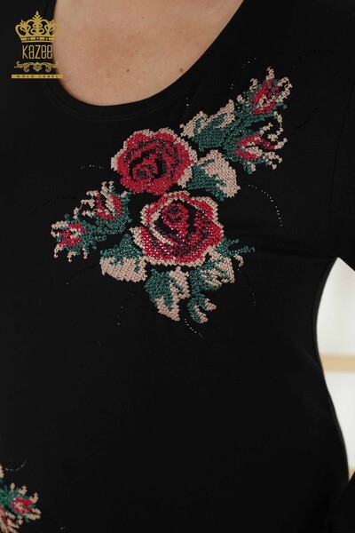 Wholesale Women's Blouse - Rose Pattern - Black - 79046 | KAZEE - Thumbnail