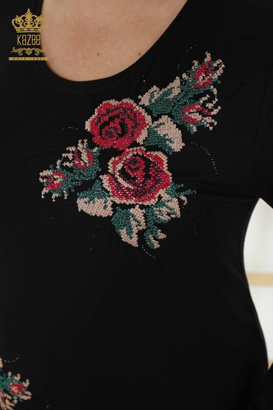 Wholesale Women's Blouse - Rose Pattern - Black - 79046 | KAZEE