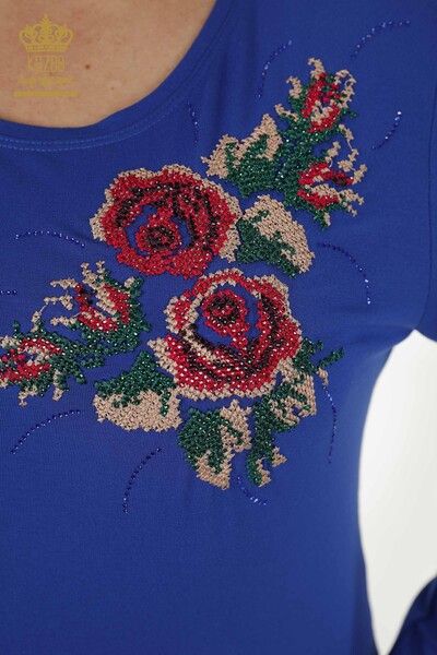 Wholesale Women's Blouse - Rose Pattern - Dark Blue - 79046 | KAZEE - Thumbnail