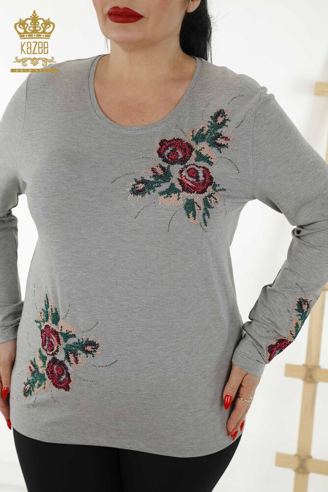 Wholesale Women's Blouse - Rose Pattern - Gray - 79046 | KAZEE - 2