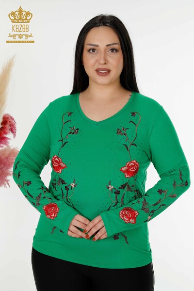 Wholesale Women's Blouse Rose Patterned Green - 79044 | KAZEE 