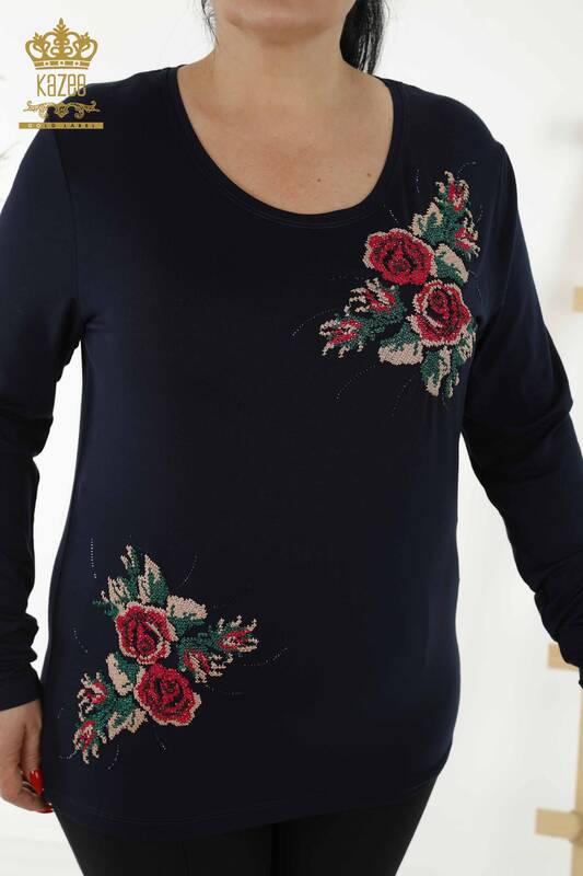 Wholesale Women's Blouse - Rose Pattern - Navy Blue - 79046 | KAZEE