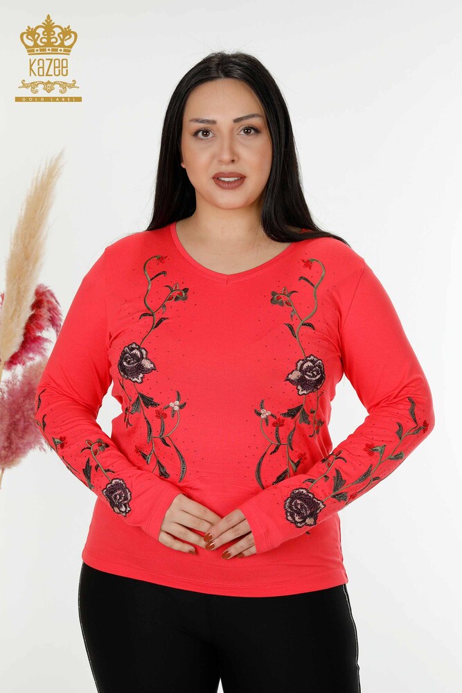 Wholesale Women's Blouse Rose Patterned Pomegranate Blossom - 79044 | KAZEE - 1