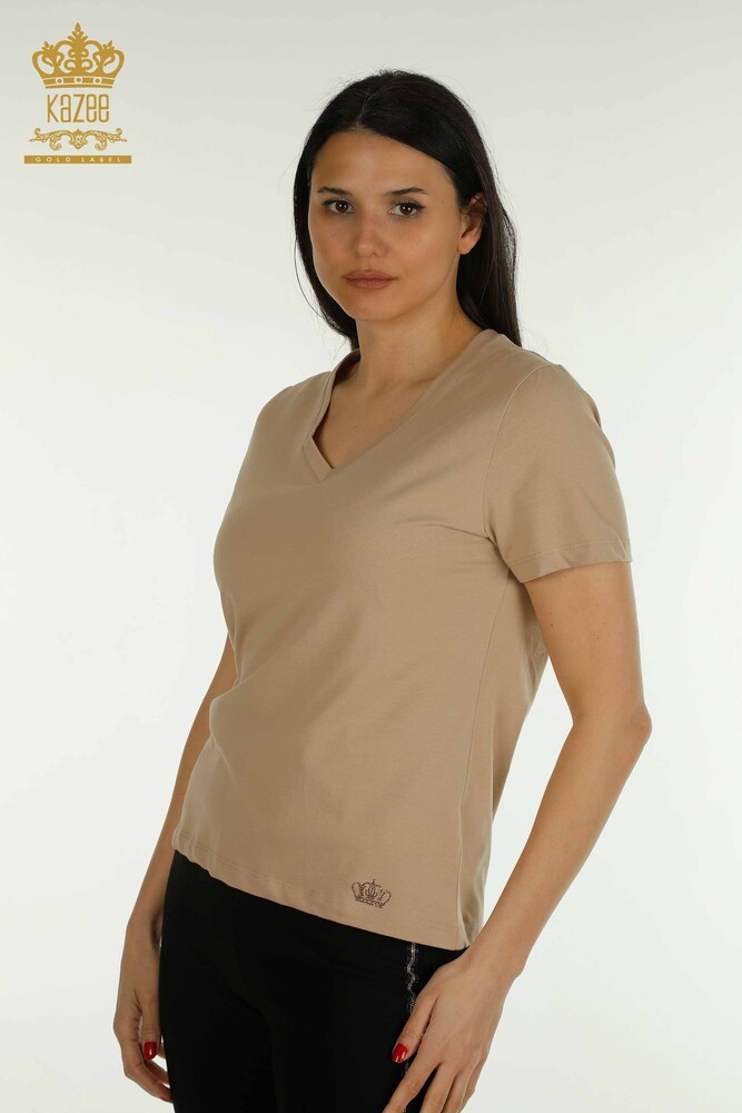 Wholesale Women's Blouse Short Sleeve Beige - 79561 | KAZEE - 1