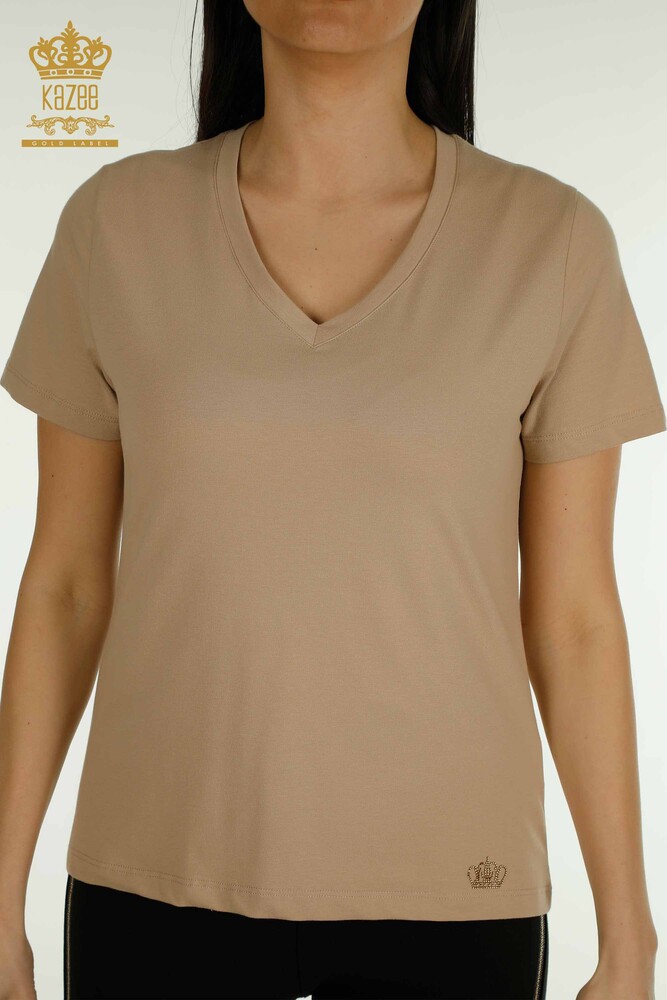 Wholesale Women's Blouse Short Sleeve Beige - 79561 | KAZEE - 2