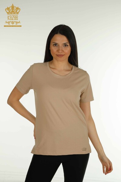 Wholesale Women's Blouse Short Sleeve Beige - 79563 | KAZEE 