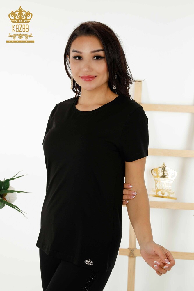 Wholesale Women's Blouse Short Sleeve Black - 79178 | KAZEE - 1