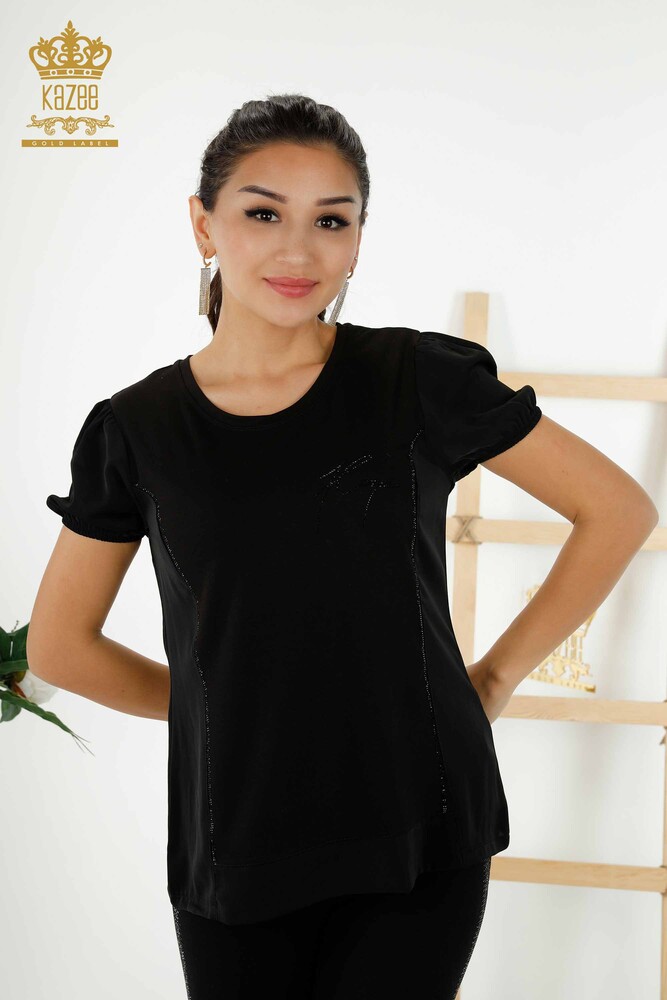 Wholesale Women's Blouse Short Sleeve Black - 79226 | KAZEE - 1