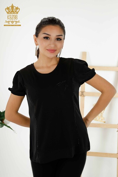 Wholesale Women's Blouse Short Sleeve Black - 79226 | KAZEE - Kazee