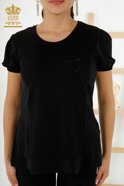 Wholesale Women's Blouse Short Sleeve Black - 79226 | KAZEE - 2