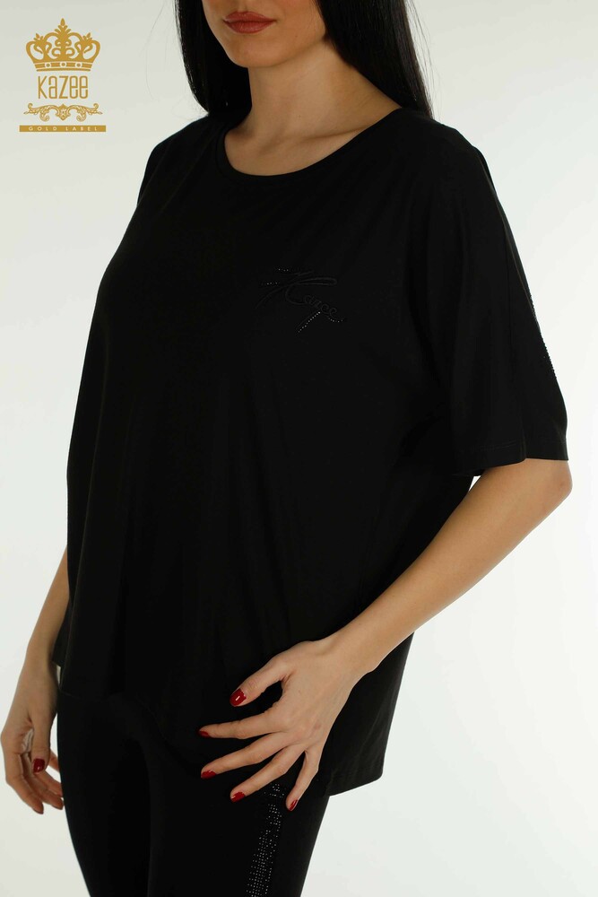 Wholesale Women's Blouse Short Sleeve Black - 79302 | KAZEE - 2