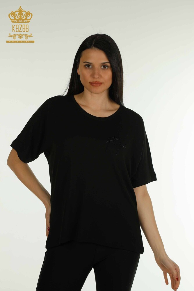 Wholesale Women's Blouse Short Sleeve Black - 79317 | KAZEE - 1