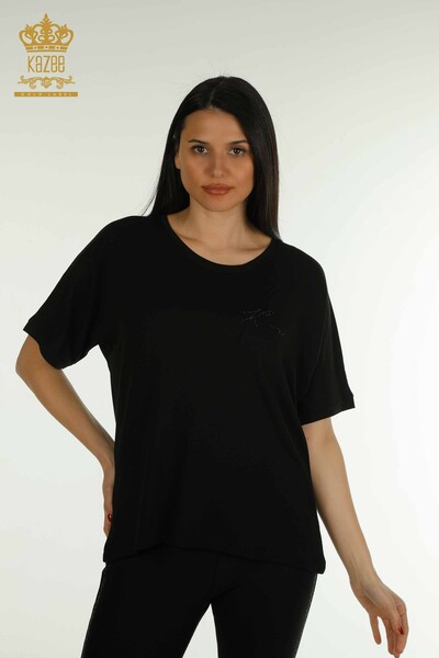 Wholesale Women's Blouse Short Sleeve Black - 79317 | KAZEE 