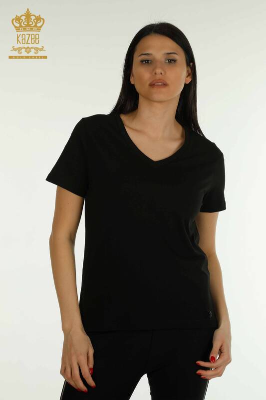 Wholesale Women's Blouse Short Sleeve Black - 79561 | KAZEE