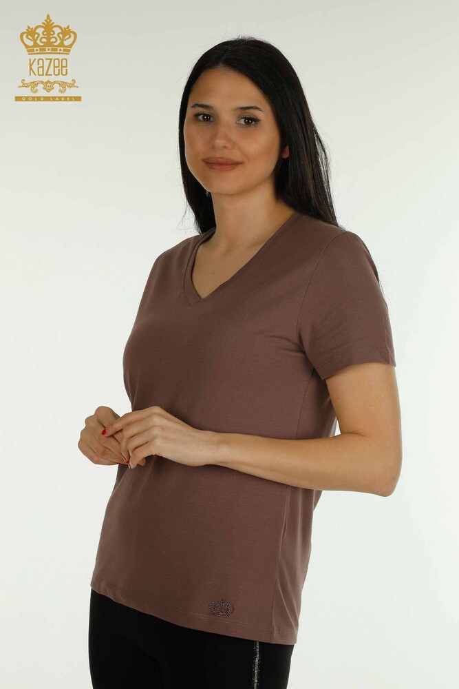 Wholesale Women's Blouse Short Sleeve Brown - 79561 | KAZEE - 1