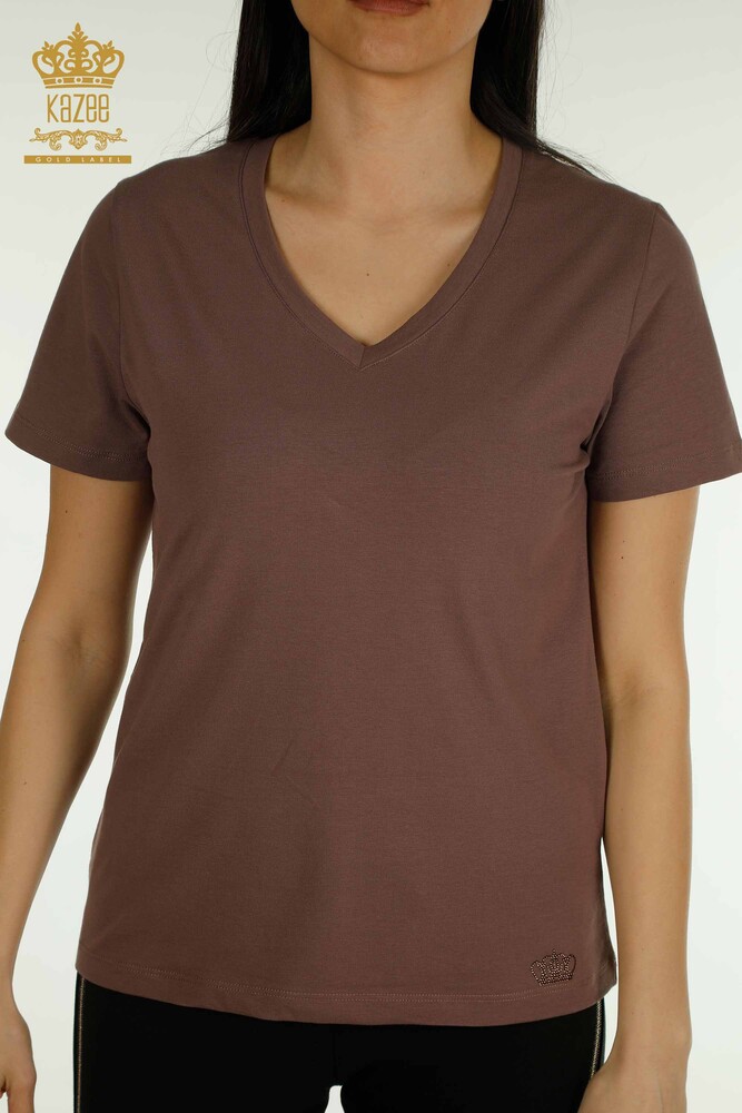 Wholesale Women's Blouse Short Sleeve Brown - 79561 | KAZEE - 2