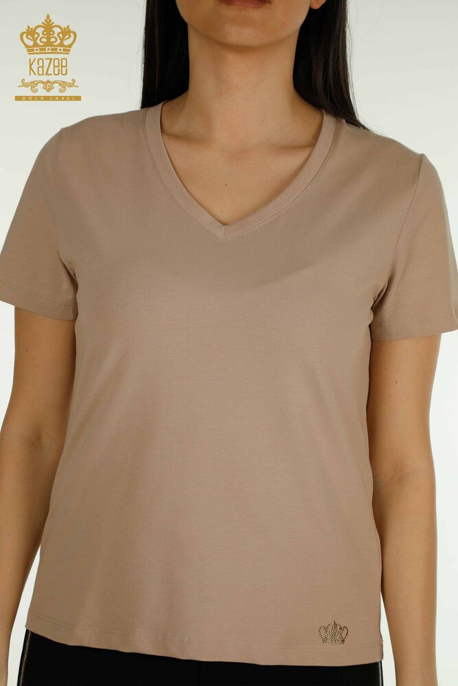 Wholesale Women's Blouse Short Sleeve Dark Beige - 79561 | KAZEE - 2