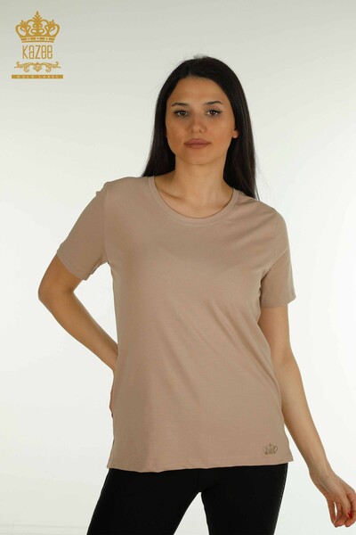 Wholesale Women's Blouse Short Sleeve Dark Beige - 79563 | KAZEE 