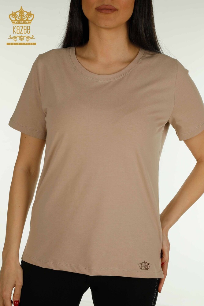 Wholesale Women's Blouse Short Sleeve Dark Beige - 79563 | KAZEE - 2