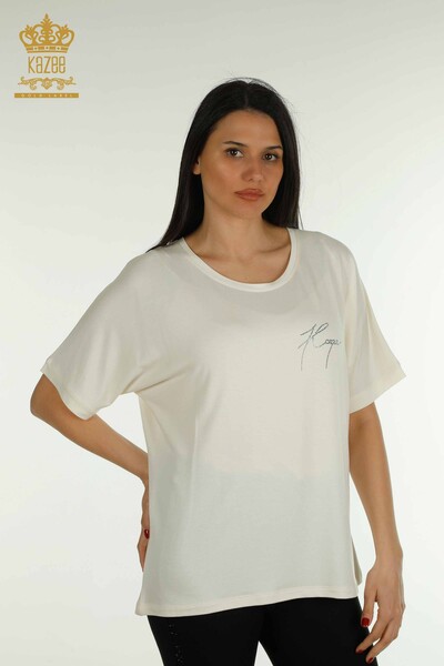 Wholesale Women's Blouse Short Sleeve Ecru - 79317 | KAZEE - Kazee