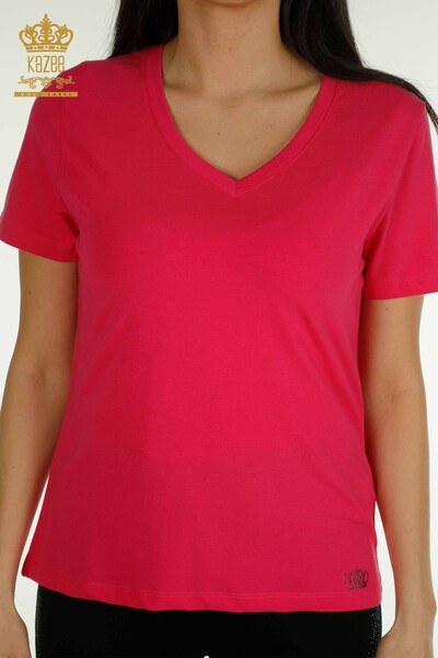 Wholesale Women's Blouse Short Sleeve Fuchsia - 79561 | KAZEE - 2