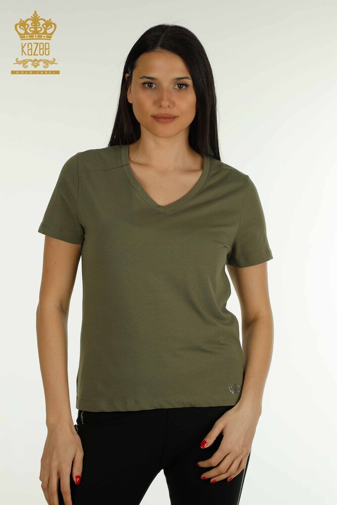 Wholesale Women's Blouse Short Sleeve Khaki - 79561 | KAZEE - 1