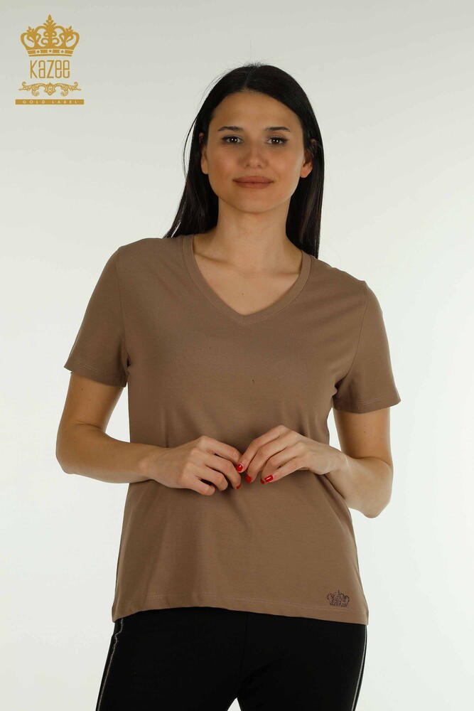 Wholesale Women's Blouse Short Sleeve Light Brown - 79561 | KAZEE - 1