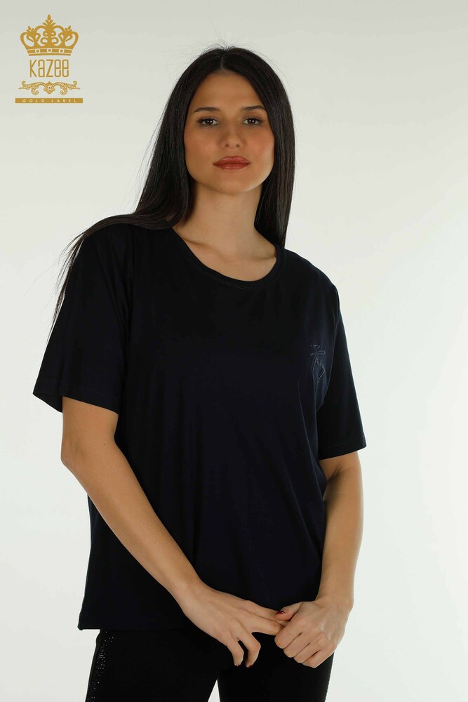 Wholesale Women's Blouse Short Sleeve Navy - 79302 | KAZEE - 1