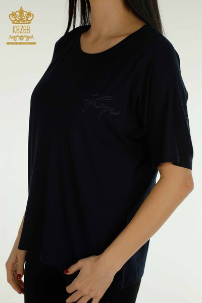 Wholesale Women's Blouse Short Sleeve Navy - 79302 | KAZEE - 2