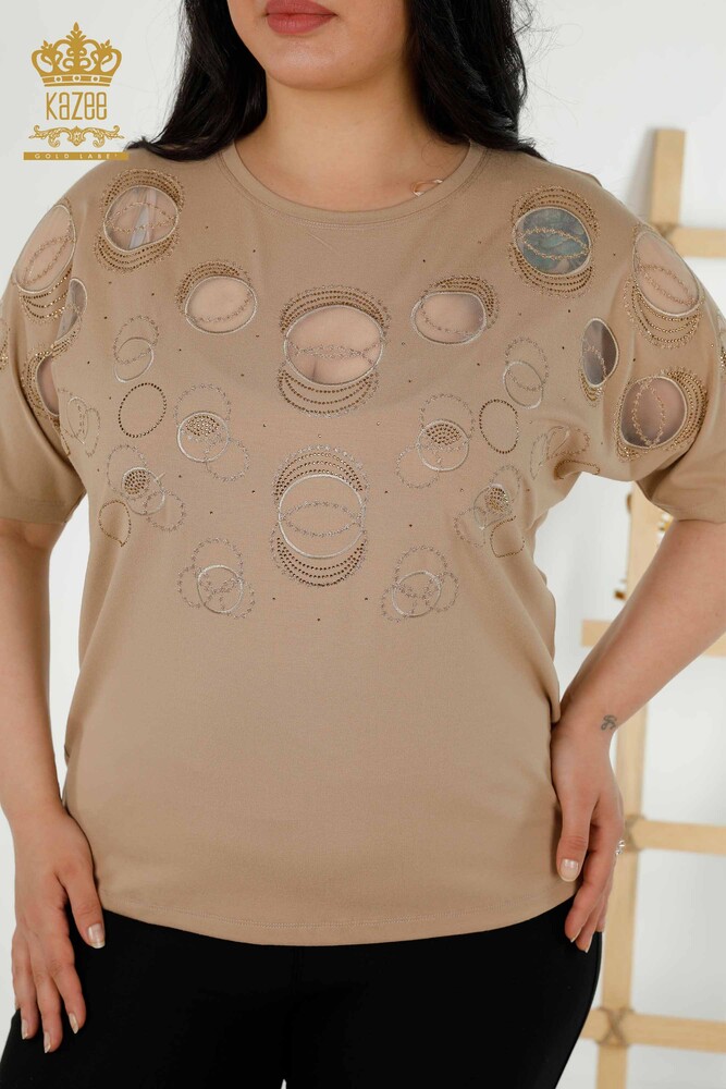 Wholesale Women's Blouse - Short Sleeve - Patterned - Beige - 79094 | KAZEE - 2