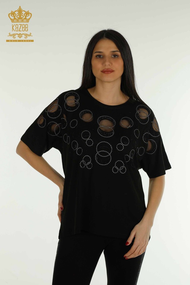 Wholesale Women's Blouse - Short Sleeve - Patterned - Black - 79094 | KAZEE - 1